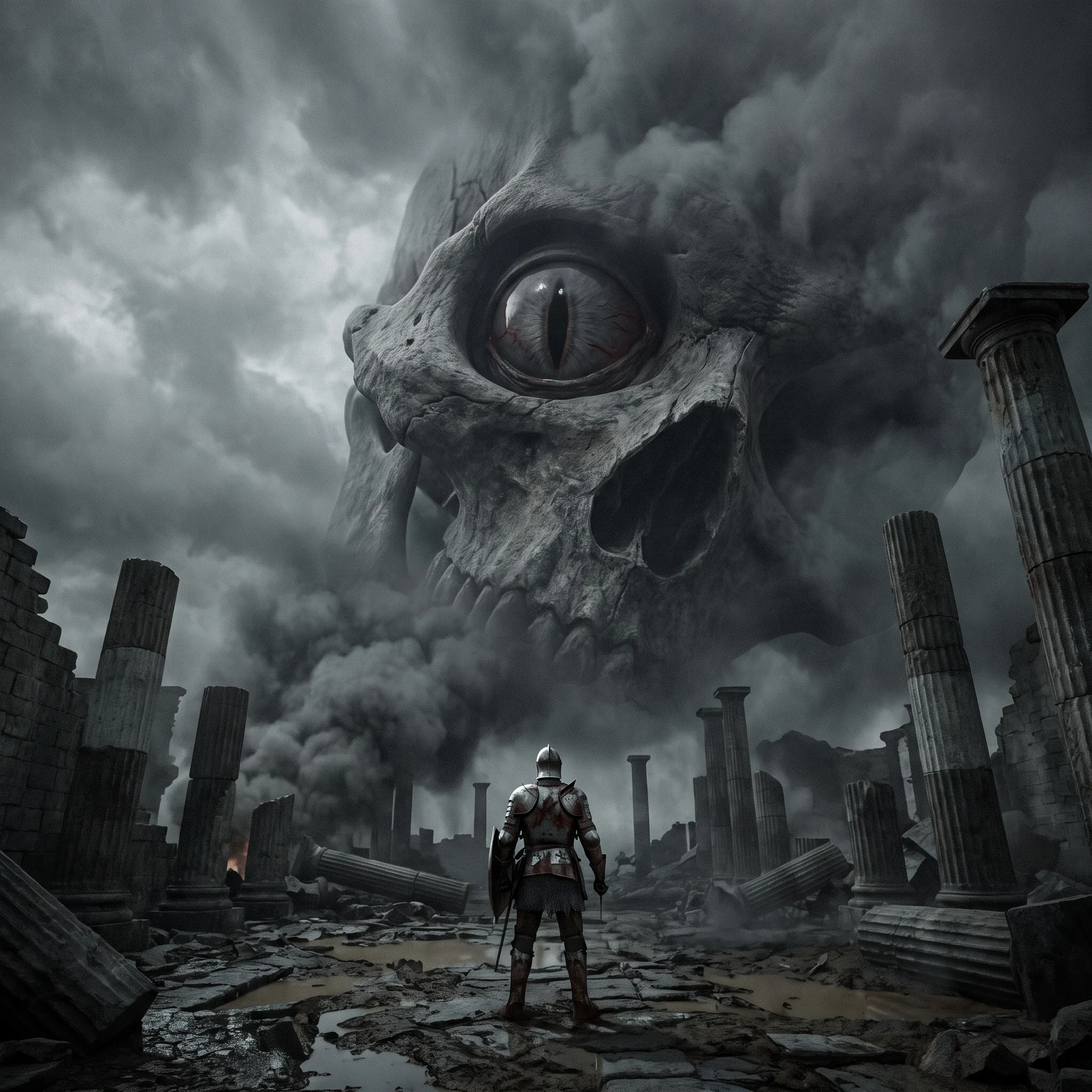 Giant Alien Beast Looming Over Medieval Soldier