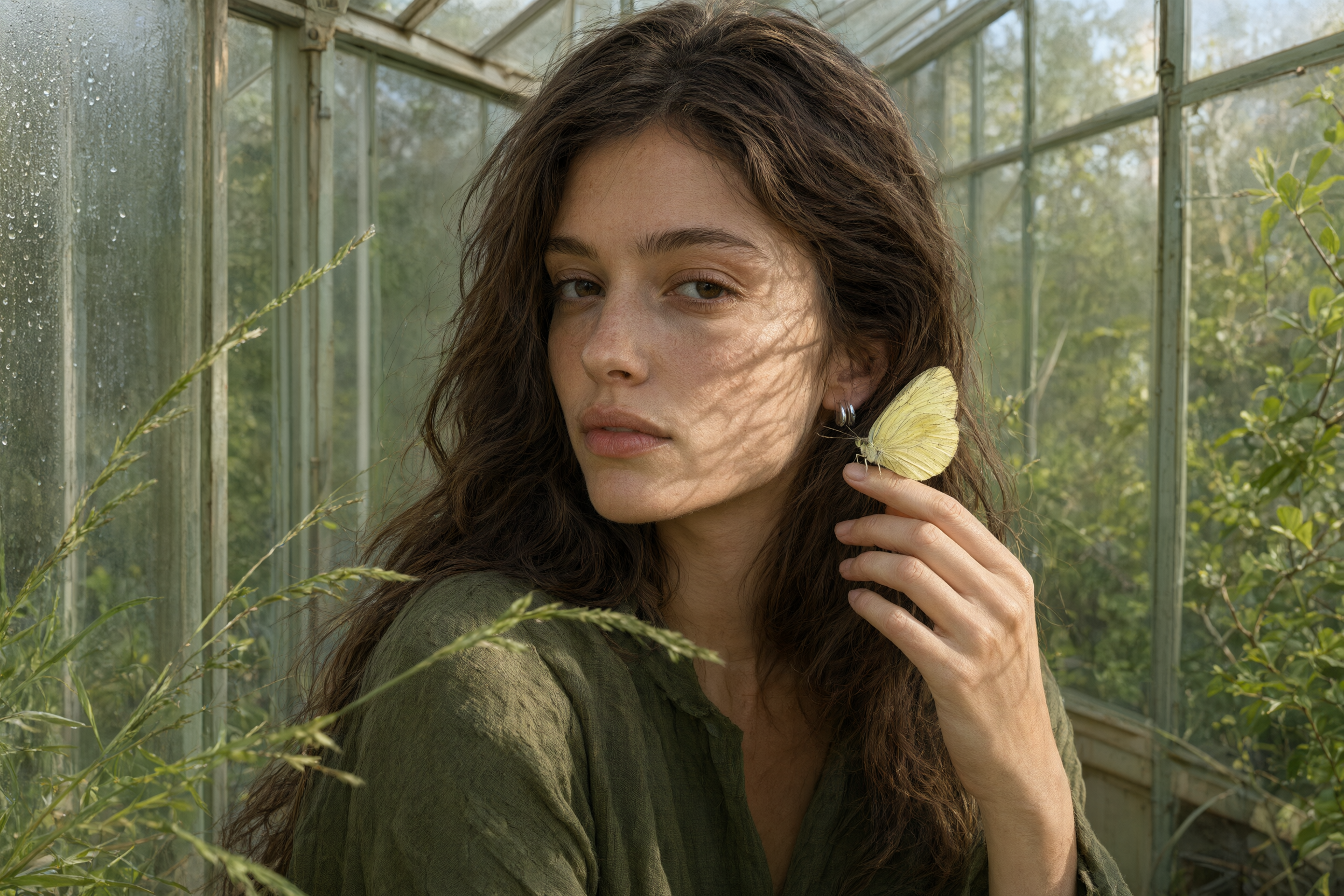 curly-haired-woman-yellow-butterfly-greenhouse-portrait