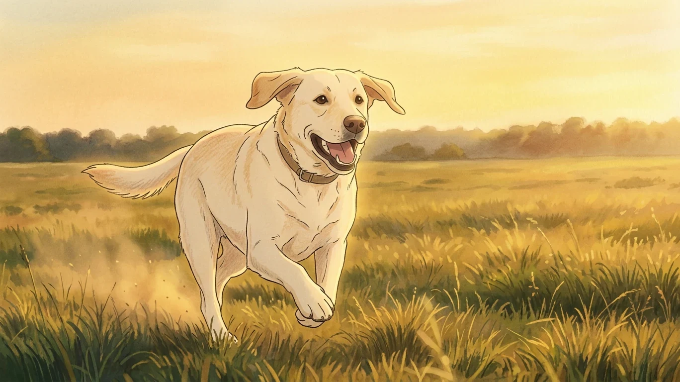 ghibli-style-labrador-running-sunset-grassland